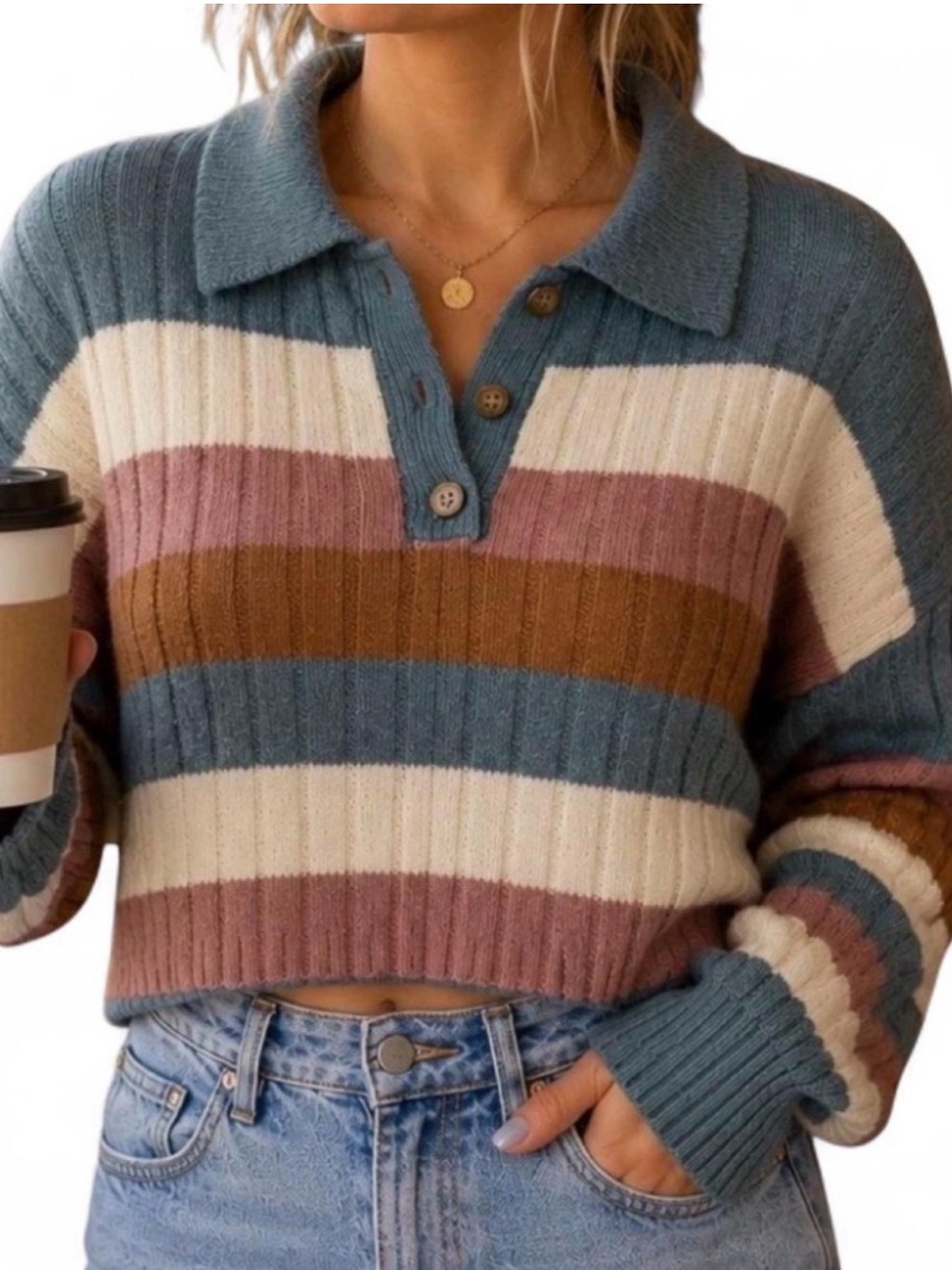 Jolie & Joy Cropped Striped Rib-Knit Polo Sweater size L